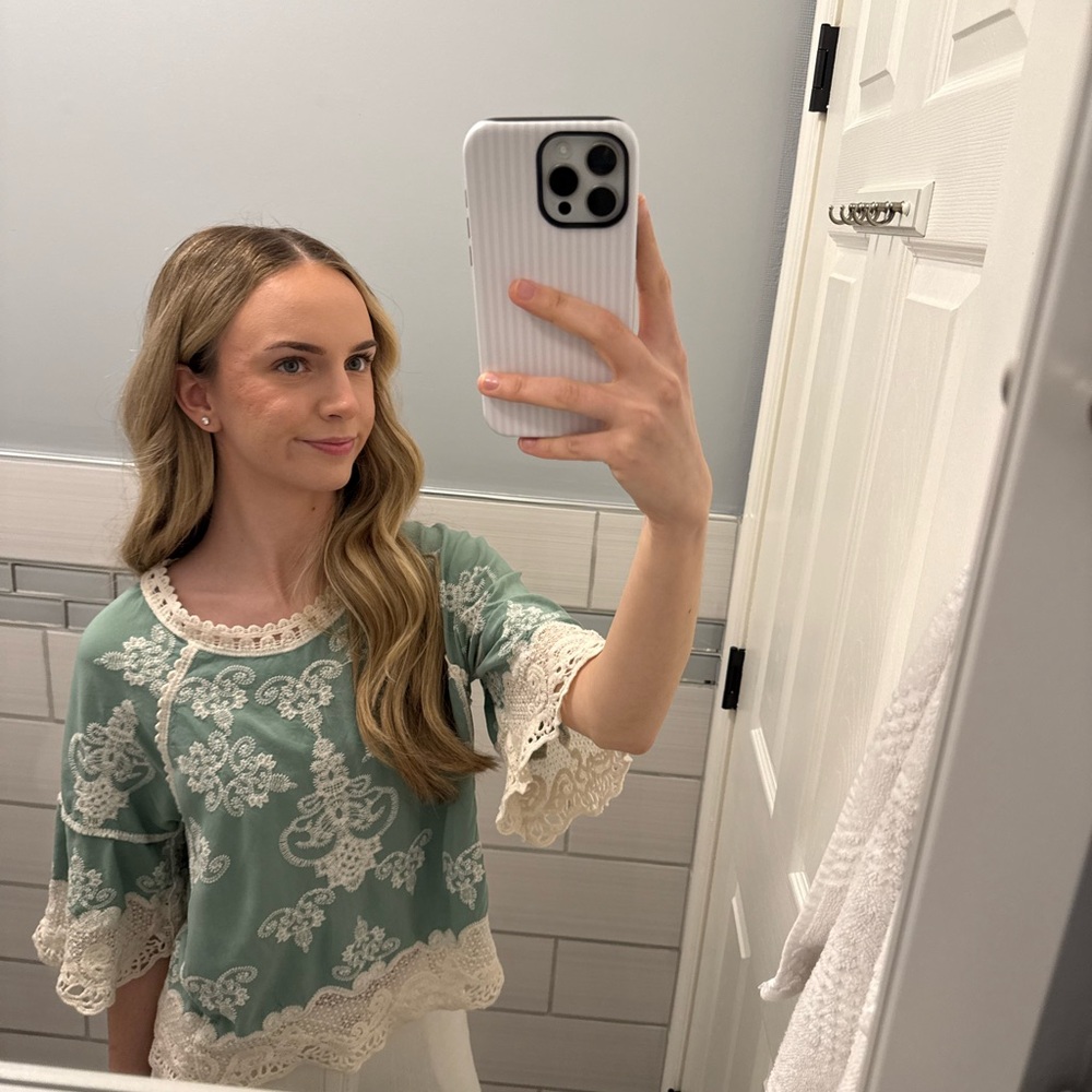 Mint Green Embroidered Lace Top - Picture 2 of 3